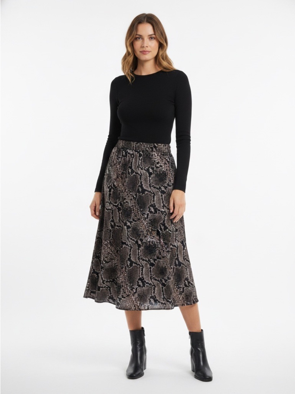 Zara TRF Bias Cut Midi Skirt Snake Print Neutral Animal Print Sz M Edgy Mob Wife